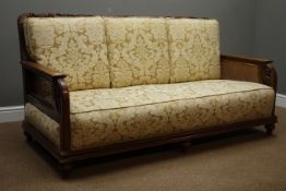 Early 20th century bergere lounge suite; three seats sofa (W170cm, D84cm),