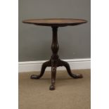 George III mahogany tripod table, circular dish tilt top inlaid with satinwood fan,
