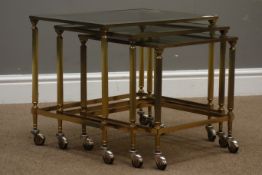 1970s vintage nest of three glass top and brass tables, 53cm x 37cm,