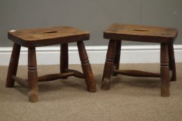 Pair early 20th century elm top stools on turned supports,
