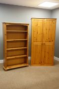 Polished pine double wardrobe (W89cm, H171cm, D53cm), and a polished pine open bookcase (W88cm,