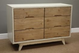 Rustic waxed painted and wood finish pine six drawer chest, W120cm, H80cm,