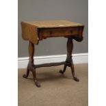 Reproduction figured walnut occasional table, shaped drop leaf top with single drawer,