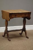 Reproduction figured walnut occasional table, shaped drop leaf top with single drawer,