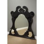 Victorian ebonised over mantel mirror, shaped bevelled glass plate,
