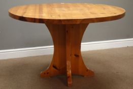 Circular polished pine dining table on cruciform base, D120cm,