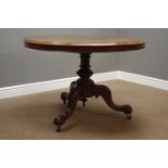 Victorian walnut breakfast table, circular burr tilt top,