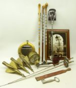 Set Thomas brass ships clock, D18cm walking sticks with badges, shooting stick,