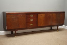 1970s vintage mahogany sideboard, three drawers, two single cupboards and fall front, W220cm, H76cm,