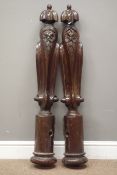 Pair Victorian walnut scrolled bed supports, carved with flower heads,