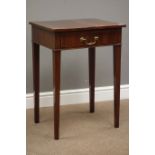 19th century figured mahogany side table with single drawer, square tapering supports, W51cm, H71cm,