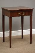 19th century figured mahogany side table with single drawer, square tapering supports, W51cm, H71cm,