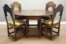 Set four 20th century oak dining chairs and an oak drop leaf dining table (106cm x 148cm,