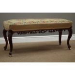 Victorian walnut duet piano stool, upholstered needlework sprung seat, with scroll carvings,