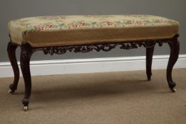 Victorian walnut duet piano stool, upholstered needlework sprung seat, with scroll carvings,