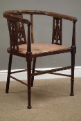 Edwardian inlaid mahogany tub shaped armchair, triple pierced splat supports with boxwood stringing,