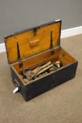 Vintage pine and metal bound tool chest with lead working tools,