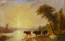 Cattle Watering at Sunset,