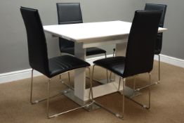 White gloss extending dining table with single leaf on chromed foot,