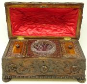 19th century oak tea caddy, later applied with leather work decoration,