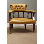 20th Century tub shaped armchair, upholstered in buttoned golden tan leather,