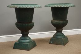 Pair 20th century green painted cast iron garden urns, D55cm,