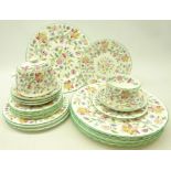 Six Minton 'Haddon Hall' dinner plates, five side plates, six tea plates, four saucers,