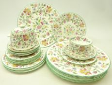 Six Minton 'Haddon Hall' dinner plates, five side plates, six tea plates, four saucers,