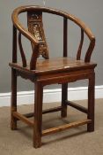 Chinese pine and hardwood horse shoe chair, splat carved with gilt figures,