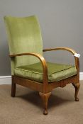 1930s Heals type armchair, beech framed with curved arms, upholstered in green,