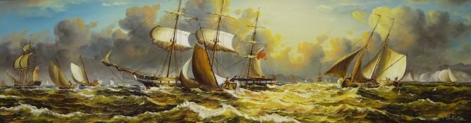 Sailing Vessels in Rough Seas off the Coasts, 20th century oil on wood panel signed by Van Vessen