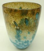 Monart style hand blown glass vase, having turquoise, brown and cream mottled decoration,