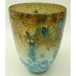 Monart style hand blown glass vase, having turquoise, brown and cream mottled decoration,