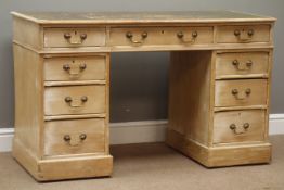 19th century stripped and ash twin pedestal desk, top inset with leather, six drawers, W122cm,