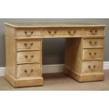 19th century stripped and ash twin pedestal desk, top inset with leather, six drawers, W122cm,