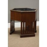 Arts & Crafts mahogany and satinwood inlaid hexagonal planter, with metal liner, D65cm,