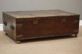 19th century oak and metal bound sea trunk, hinged top with two locks,