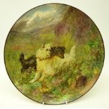 Late 19th century circular charger hand painted moorland scene with two dogs beside a rabbit hole,