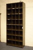 Large industrial green painted pigeon hole unit, W107cm, H250cm,