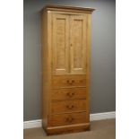 Early 20th century pine cabinet, double panelled cupboard above four drawers, W79cm, H190cm,