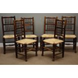 Harlequin set six 19th century country elm spindle back dining chairs with rush seats