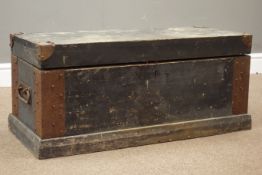 Early 20th century painted pine and metal bound trunk with wrought metal carrying handles, W85cm,