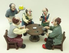Group of five Clown figures playing cards around a table, by Gilde Clown,