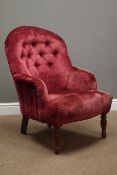 Victorian style beech framed nursing chair upholstered in buttoned fabric,