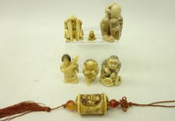 Four Japanese ivory style resin Netsukes, seated figure Netsuke, probably bone,