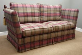 Pair Knole drop arm sofas upholstered in checked fabric, with turned mahogany finish finals, W200cm,