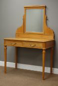 20th century satin wood dressing table with swing bevelled mirror, two drawers, on turned supports,
