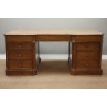 Large 20th century oak partners desk, canted and inverted break top inset with leather,