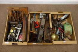 Various vintage tools including; wooden woodworking planes, planes, pliers, gauges,