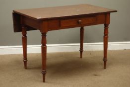 Victorian table with single frieze drawer on walnut turned supports, later drop leaf top,